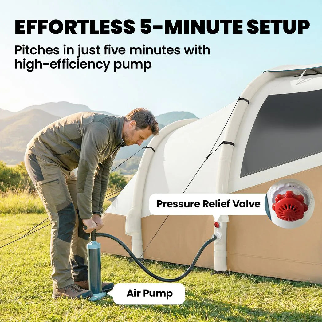 Outsunny 2-3 Person Inflatable Camping Tent with Air Pump, Bedroom & Living Room – Easy Setup Blow Up Tent, Khaki