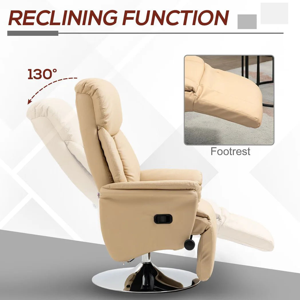 HOMCOM Manual Swivel Recliner Chair with Footrest, Padded Arms & PU Leather – 130° Armchair, Beige