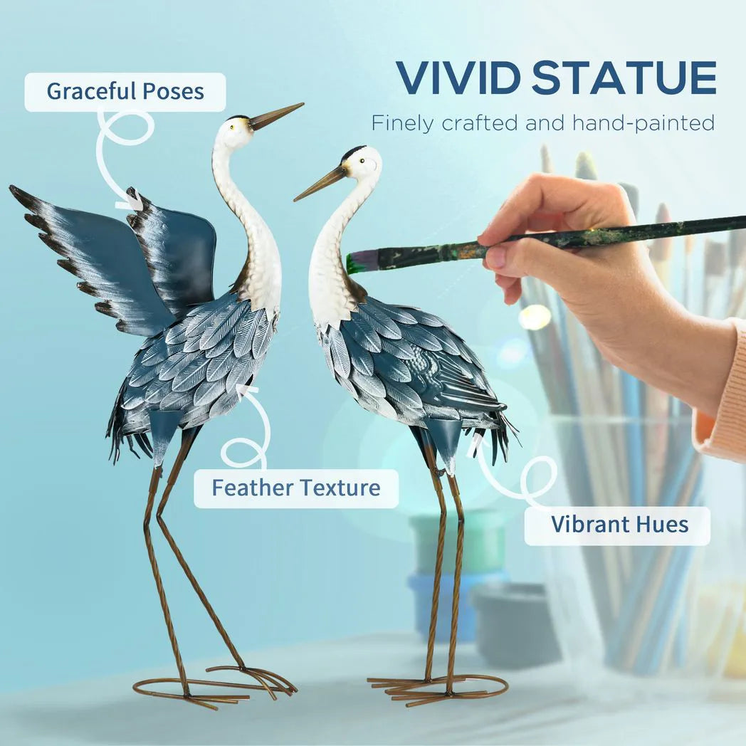 Outsunny Metal Heron Garden Statues with Stakes – Blue & White