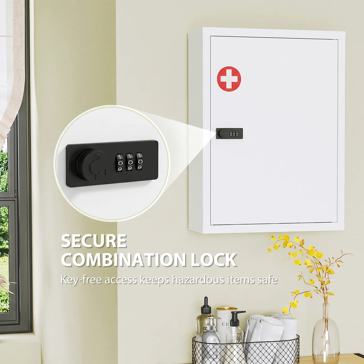 HOMCOM Wall Mount Medicine Cabinet with Combination Lock, Door and Storage Shelves – Bathroom Storage, White