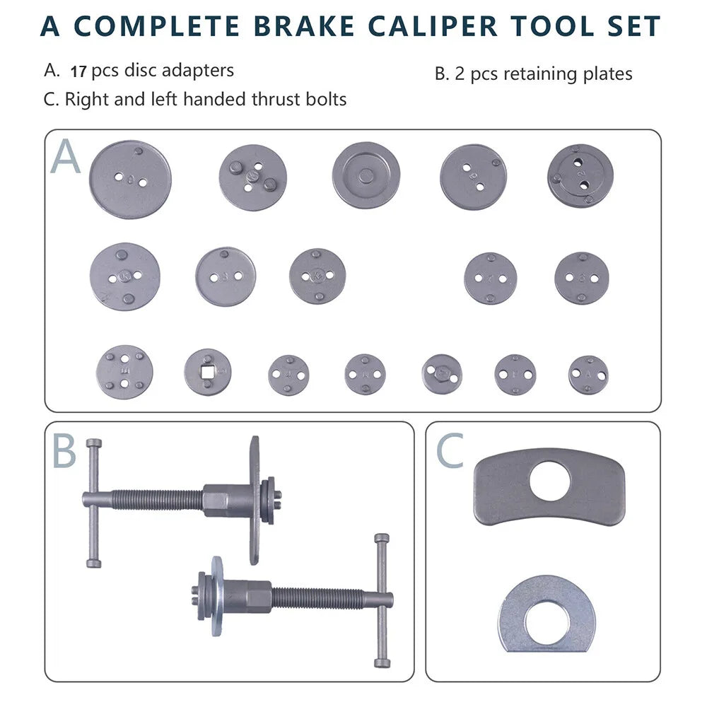23 Piece Disc Brake Caliper Piston Rewind Tool Kit with Left & Right Spindles – Universal Car Brake Wind Back Set