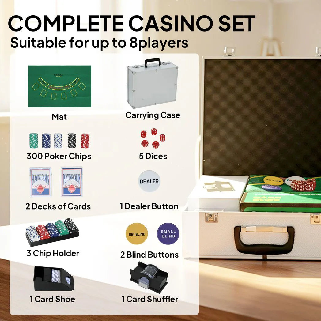 SPORTNOW 300-Piece Poker Chip Set with Card Shuffler, Card Shoe, Mat & Case – Texas Hold'em Set, Silver Tone