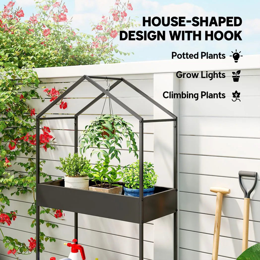 Outsunny 2 Tier Metal Plant Stand with Hanging Hook, House-Shaped Indoor Outdoor Display Rack, Black