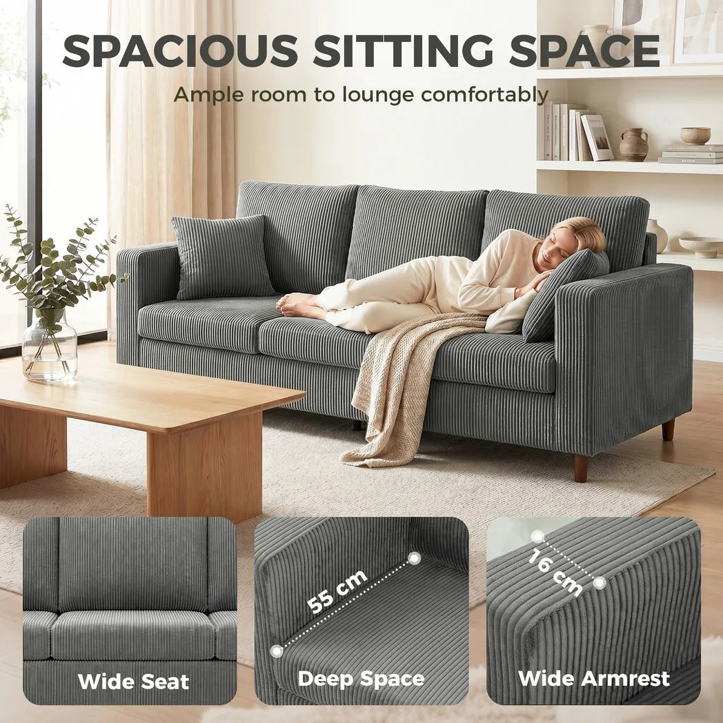 HOMCOM 3 Seater Corduroy Sofa with Extra-Wide 196cm Seat and Pocket Spring Cushions – Light Grey