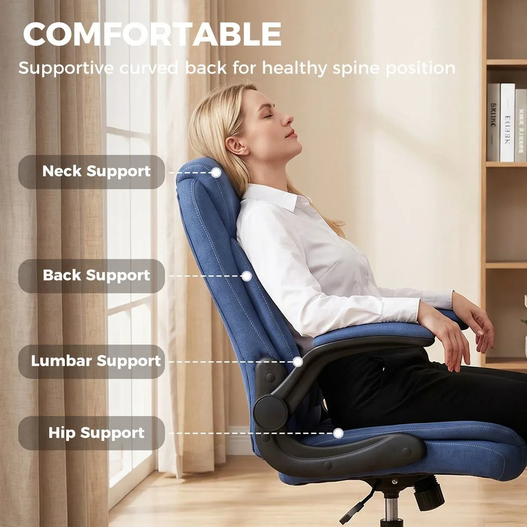 HOMCOM Linen-Look Executive Office Chair with Flip-Up Armrests, Thick Cushion & Rocking Function, Blue