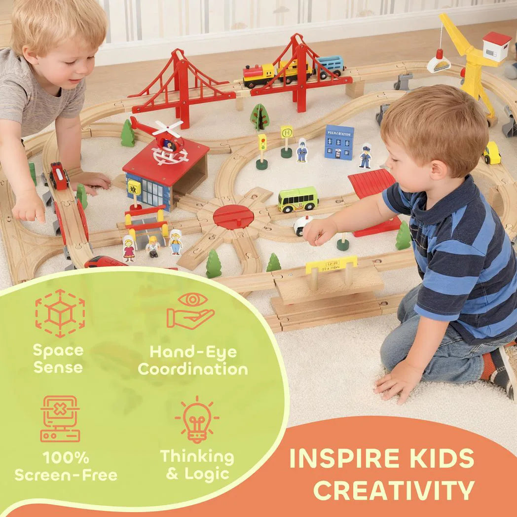 AIYAPLAY 133-Piece Wooden Train Set with Battery-Powered Engine, Crane & Storage Box – Toy Train for Ages 3+