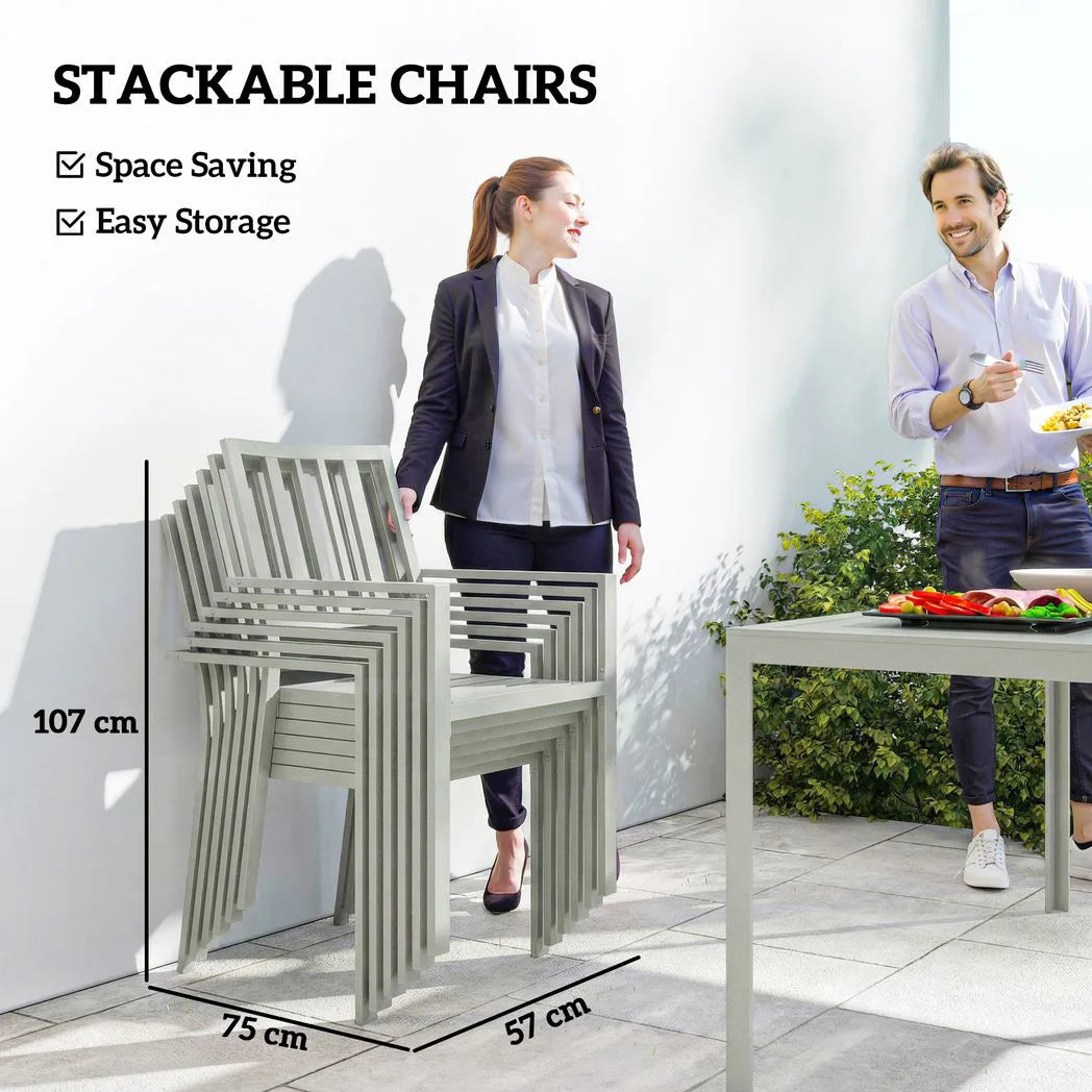 Outsunny 7 Piece Garden Dining Set – 152cm Steel Table with Parasol Hole and 6 Stackable Armchairs, Light Grey
