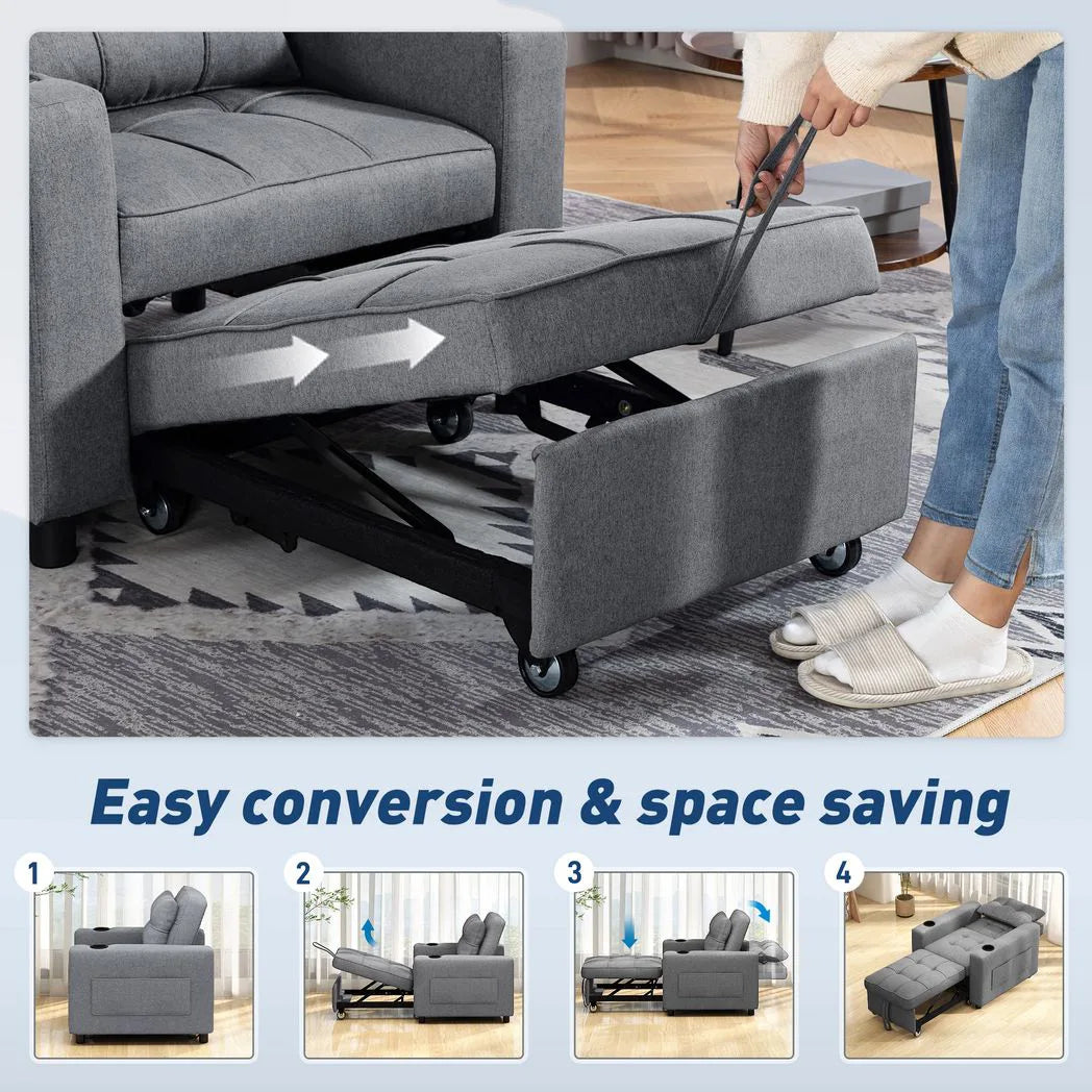 HOMCOM 3-in-1 Single Sofa Bed with Three-Level Back, Cup Holders and Pillow – Convertible Sleeper Chair Bed, Dark Grey