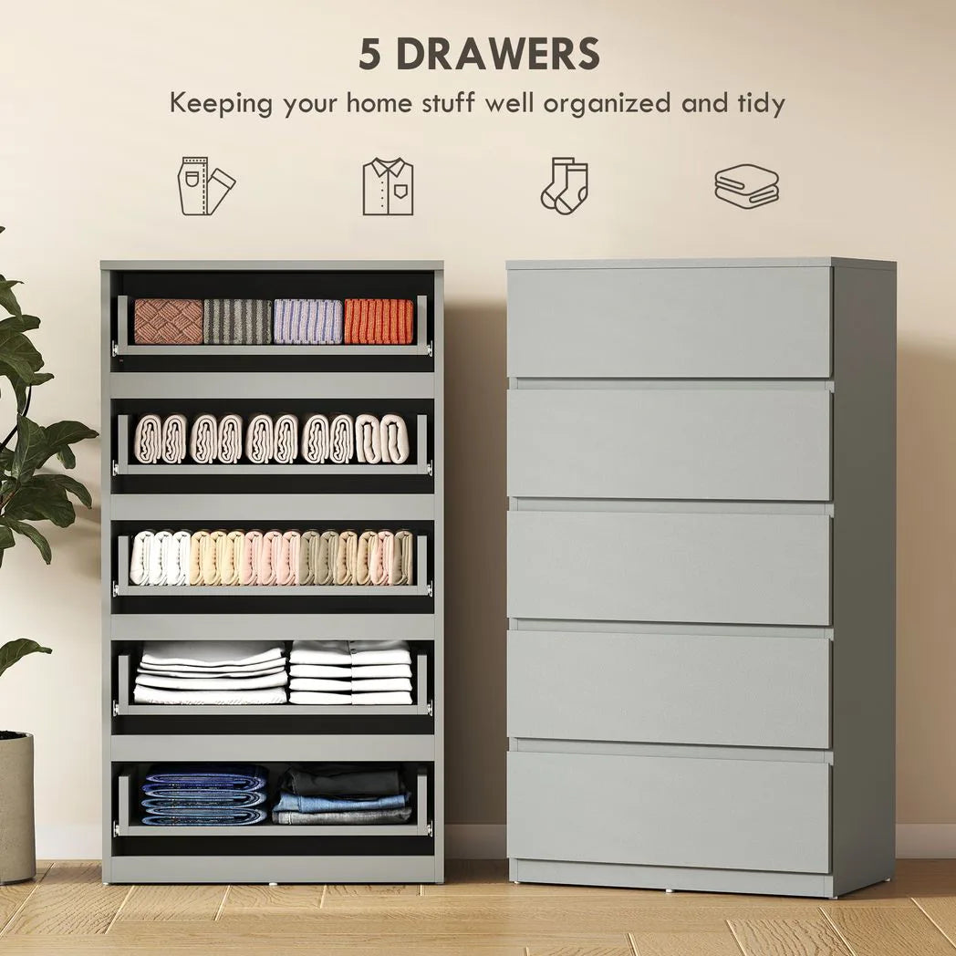 HOMCOM 5-Drawer Chest of Drawers with Soft-Close Hinges and Handle-Free Design – Modern Bedroom Storage Unit