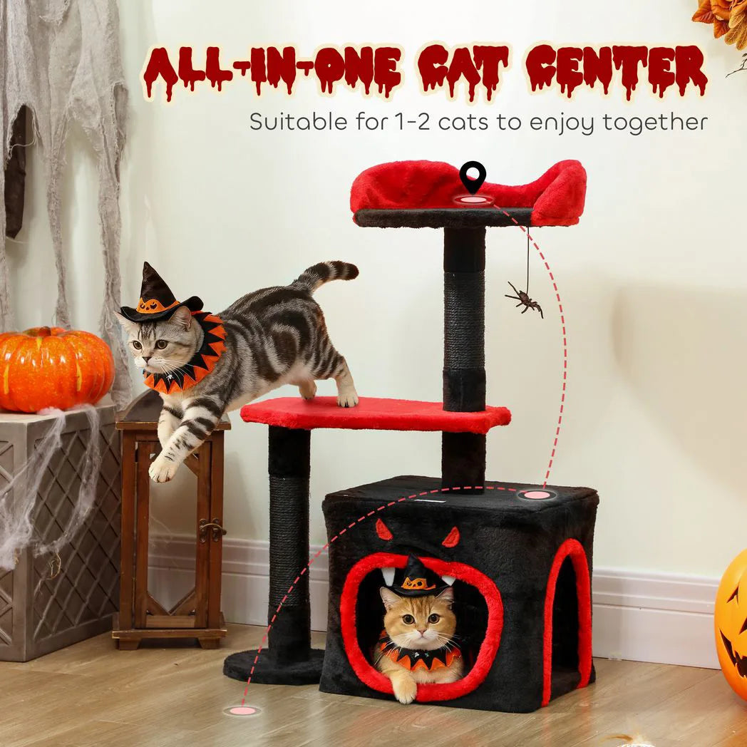 PawHut Gothic Halloween Cat Tree – 83cm Cat Tower with Sisal Scratching Posts, Condo, Coffin Platform, Bed and Spider Toy