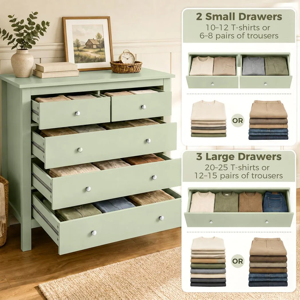 HOMCOM 5 Drawer Chest of Drawers with Glide Runners – Modern Bedroom and Hallway Storage Unit, Sage Green