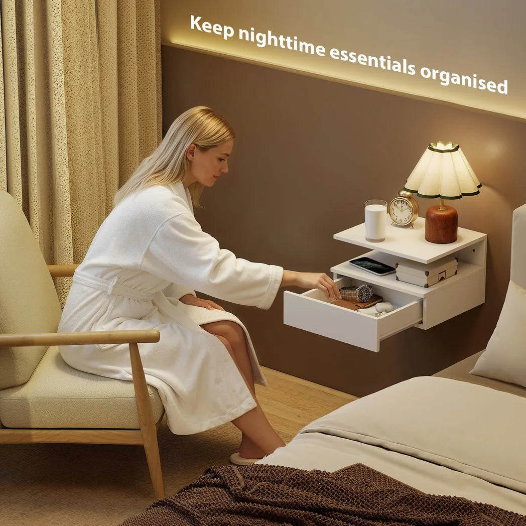 HOMCOM Set of Two Floating Bedside Tables with Handle-Free Drawer & Open Shelf – Wall-Mounted Nightstands, White