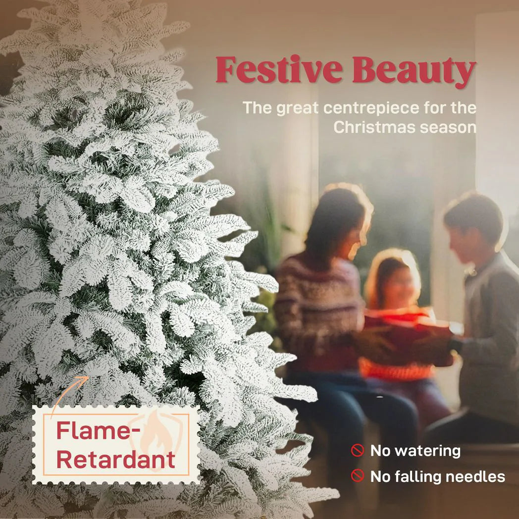 HOMCOM 6ft Artificial Flocked Christmas Tree with 1182 Branches – Hinged Xmas Tree, Foldable Metal Stand