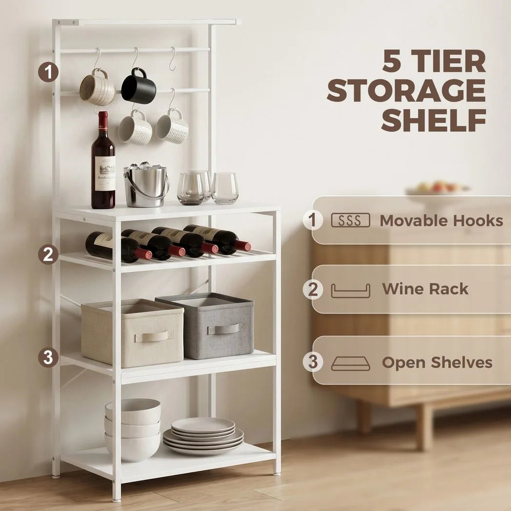 HOMCOM Freestanding Industrial Shelving Unit with Wine Rack and 6 Hooks – Home Office Storage, White