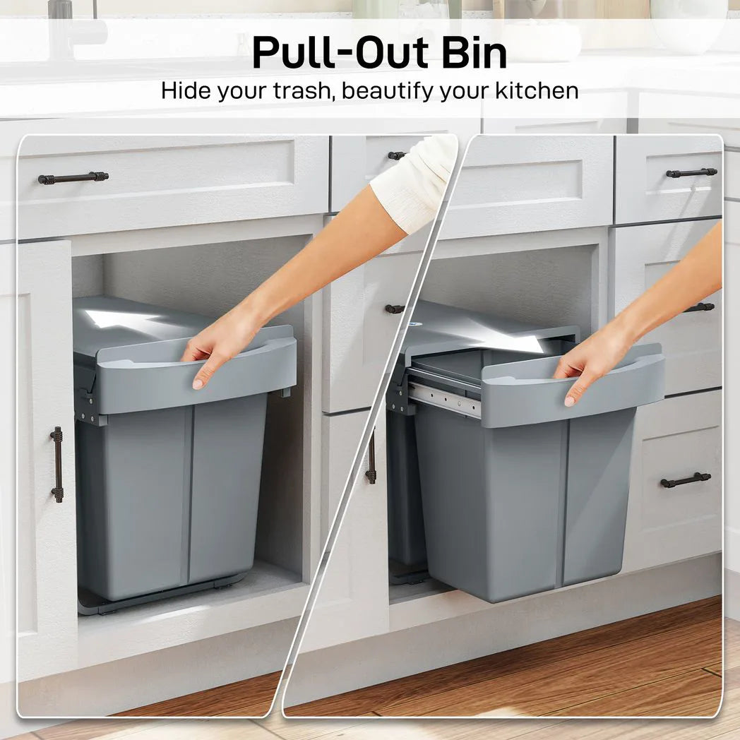 HOMCOM 40L Pull Out Under Sink Bin with 2 Removable 20L Compartments – Damped Glide Kitchen Recycling Bin, Grey