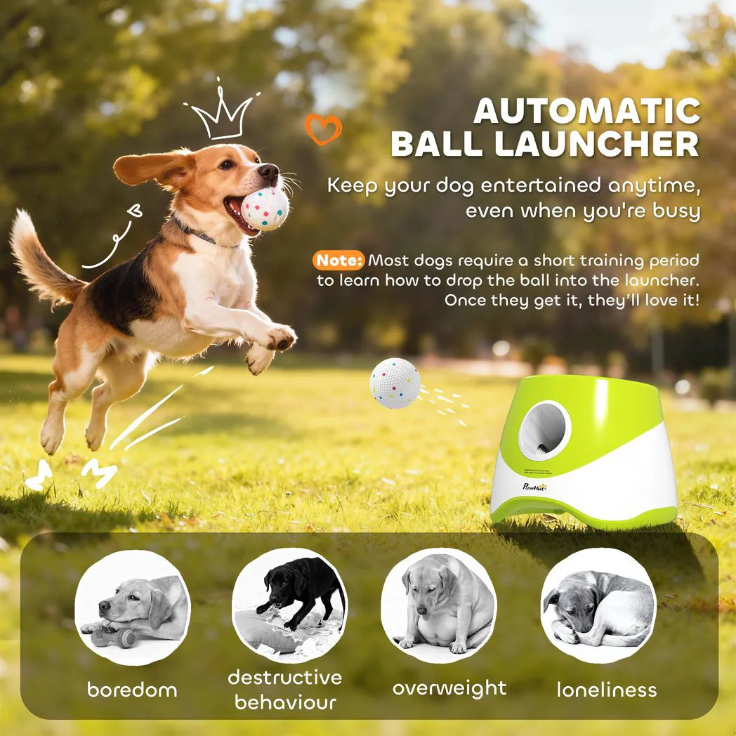 PawHut Automatic Dog Ball Launcher with 5 ETPU Balls, 3 Distance Settings – Indoor and Outdoor Fetch, Green