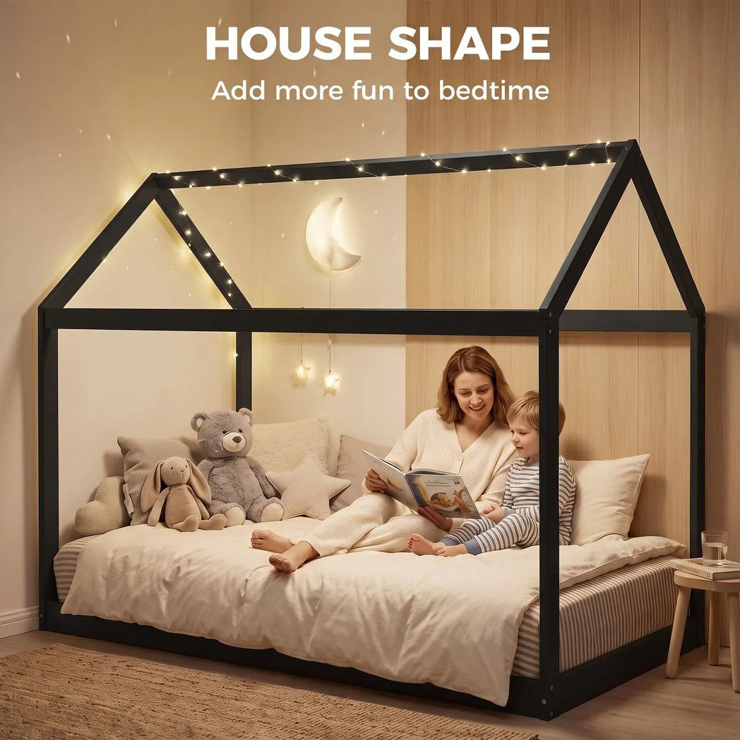 HOMCOM Single Bed Frame with House-Shaped Design – Scandinavian Solid Pine Wood for 90 x 190 cm Mattress