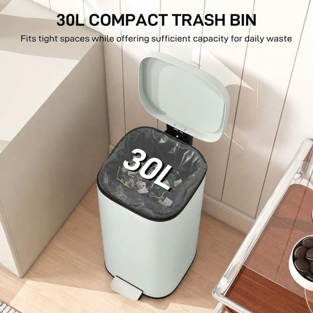 HOMCOM 30L Pedal Kitchen Bin with Soft-Close Lid and Removable Bucket – Compact Metal Rubbish Bin, Green