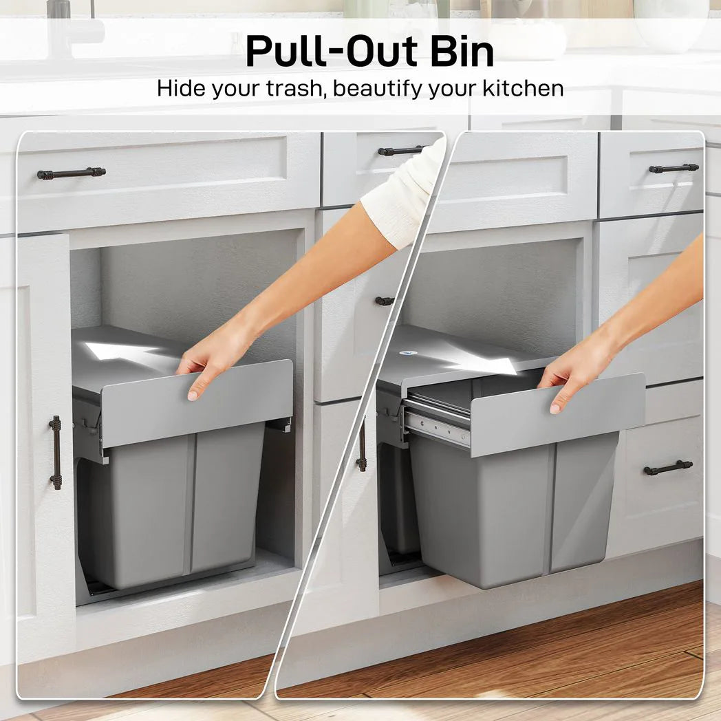 HOMCOM Under Sink Pull Out Bin with 3 Removable Compartments (15L + 2 x 8L) – Soft-Close, Light Grey