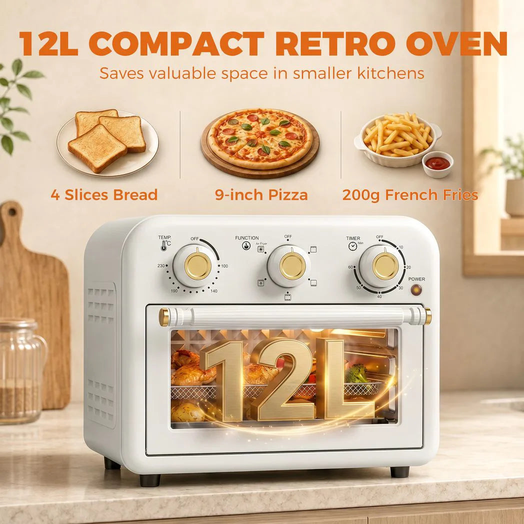 HOMCOM 12L Air Fryer Toaster Oven – Retro Convection Countertop Oven with Adjustable Temperature and Timer, Cream White