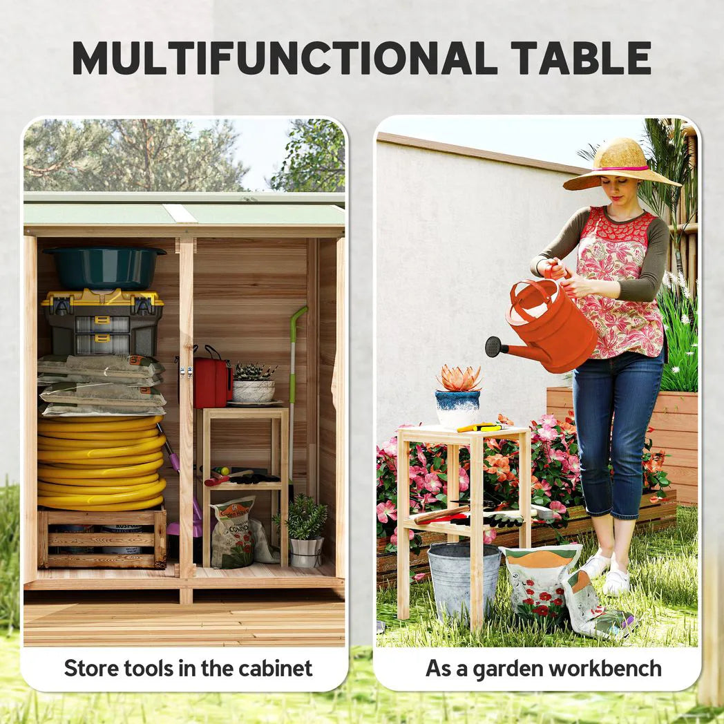 Outsunny Fir Wood Garden Shed with Asphalt Roof, Lockable Door and Removable Table – 140 x 75cm, Natural