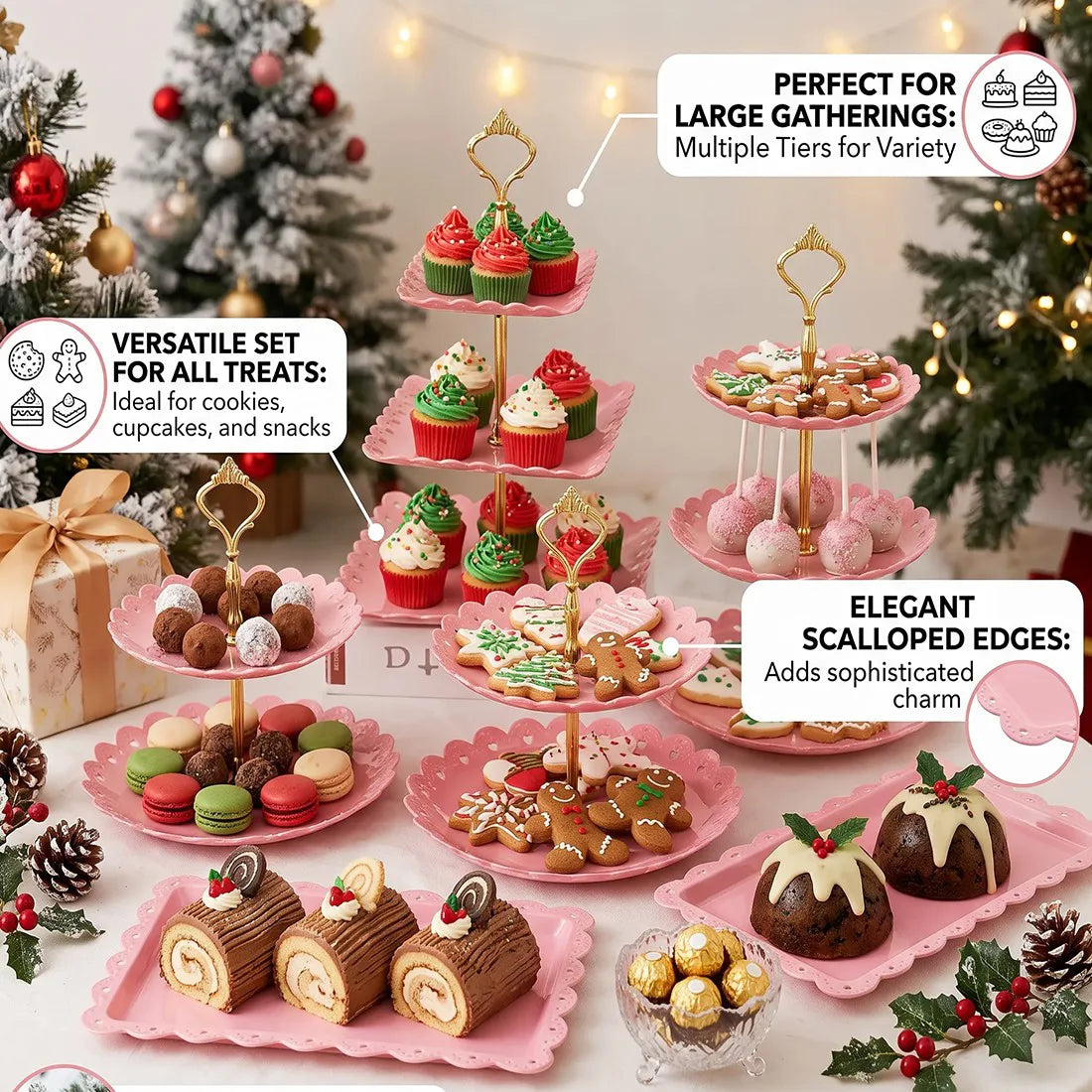 6-Piece Tiered Cake Stand Set for Afternoon Tea, Weddings & Parties – Embossed-Style Plastic Dessert Display, Pink