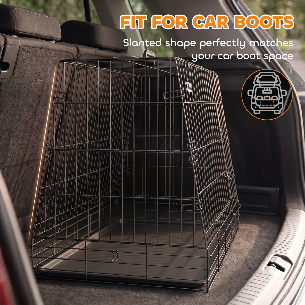 PawHut 90 cm Collapsible Slanted Car Dog Crate with Tray – Foldable Travel Cage for Medium to Large Dogs