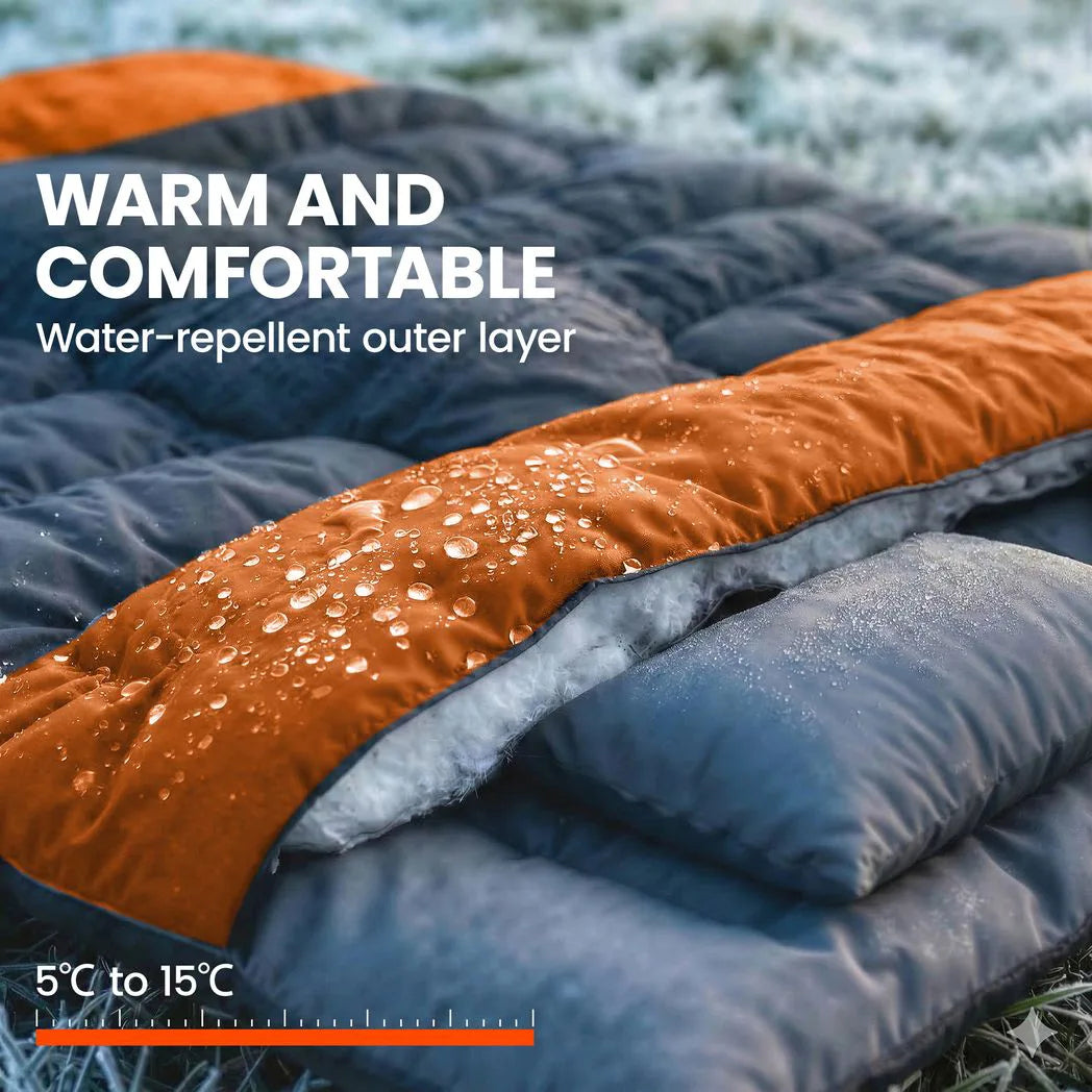Outsunny Double Sleeping Bag with 2 Pillows – 220 x 160 cm Extra-Large Camping Bag for Adults, Grey and Orange