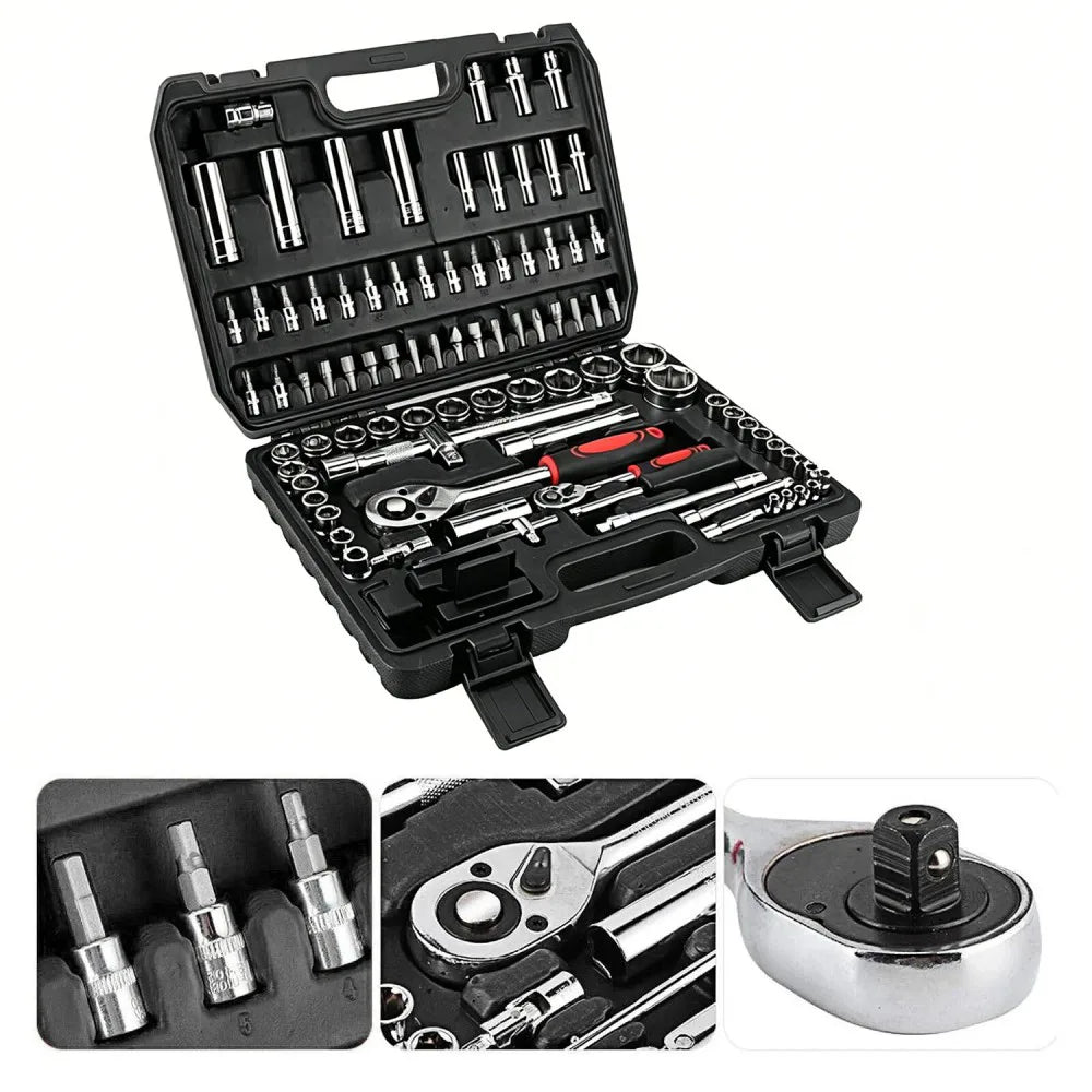 94-Piece Socket Set with 1/2" and 1/4" Drive Ratchets, Bits and Extension Bars – Chrome-Vanadium Kit