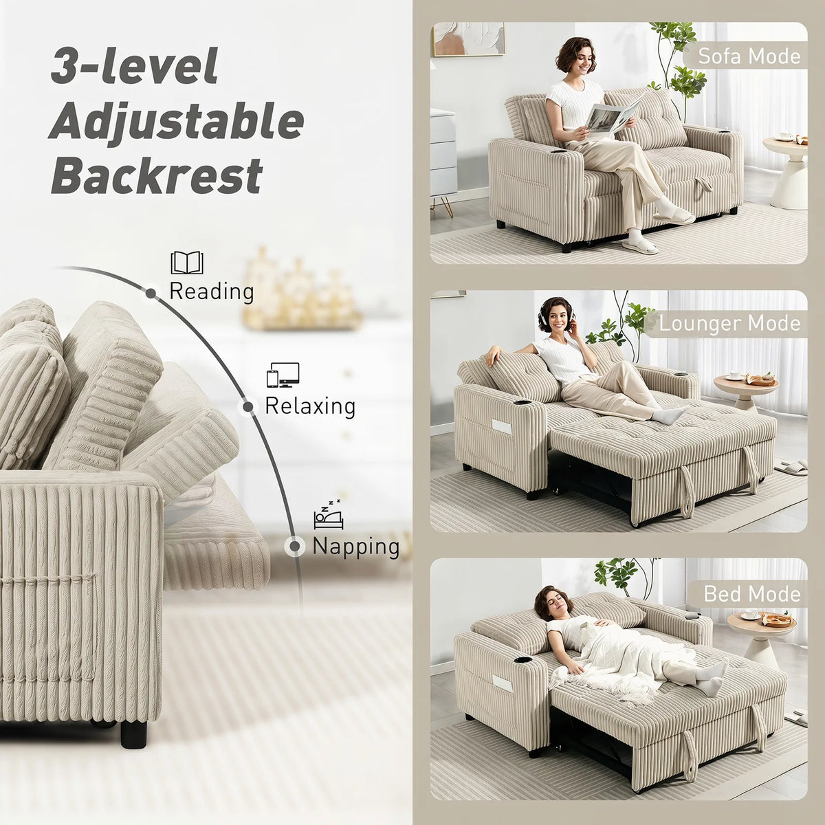 HOMCOM Corduroy Click Clack Sleeper Sofa Bed with Pull Out Design, 2 Seater, Cup Holders – Cream White