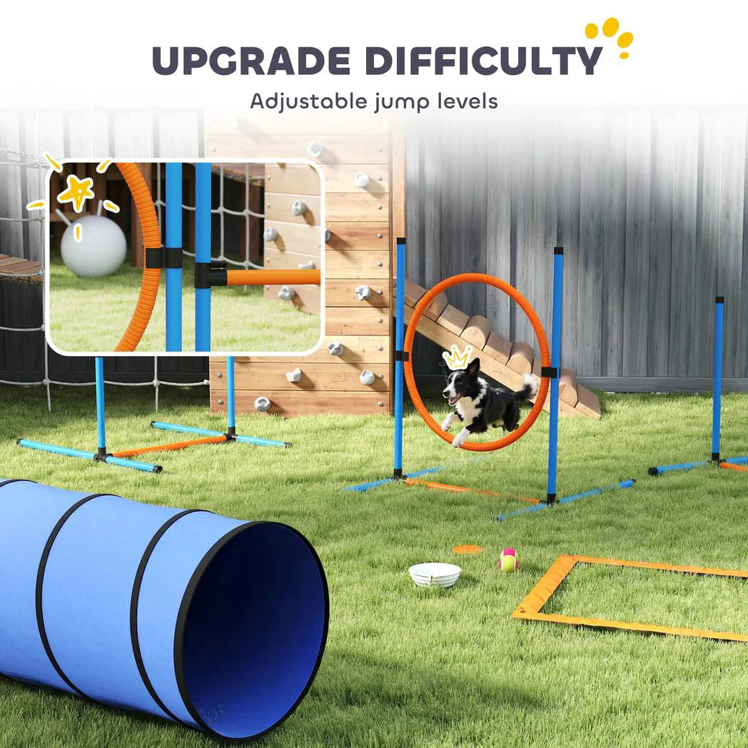 PawHut 8-Piece Dog Agility Training Set with Tunnel, Weave Poles, Adjustable Hurdles and Jump Ring