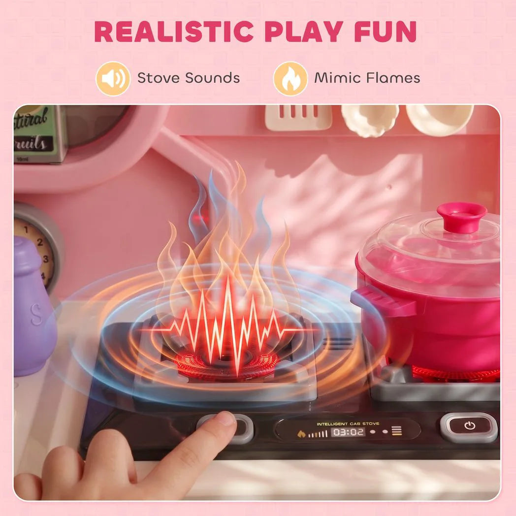 AIYAPLAY 33-Piece Play Kitchen with Lights, Sounds, Storage and Circulating Water Sink – Ages 3-6, Pink