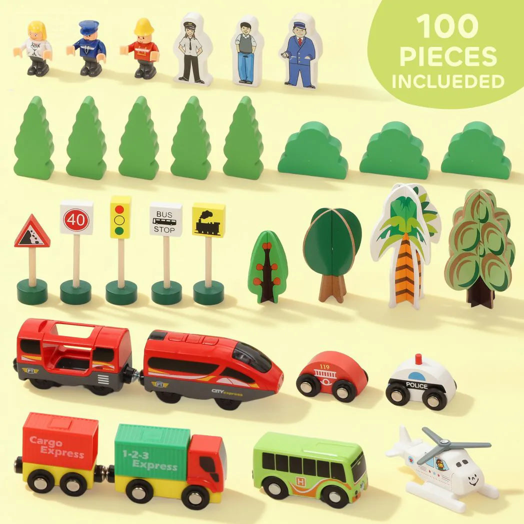 AIYAPLAY 100 Piece Wooden Train Set with Track, Crane & Battery Operated Train – Beechwood Toy, Ages 3+