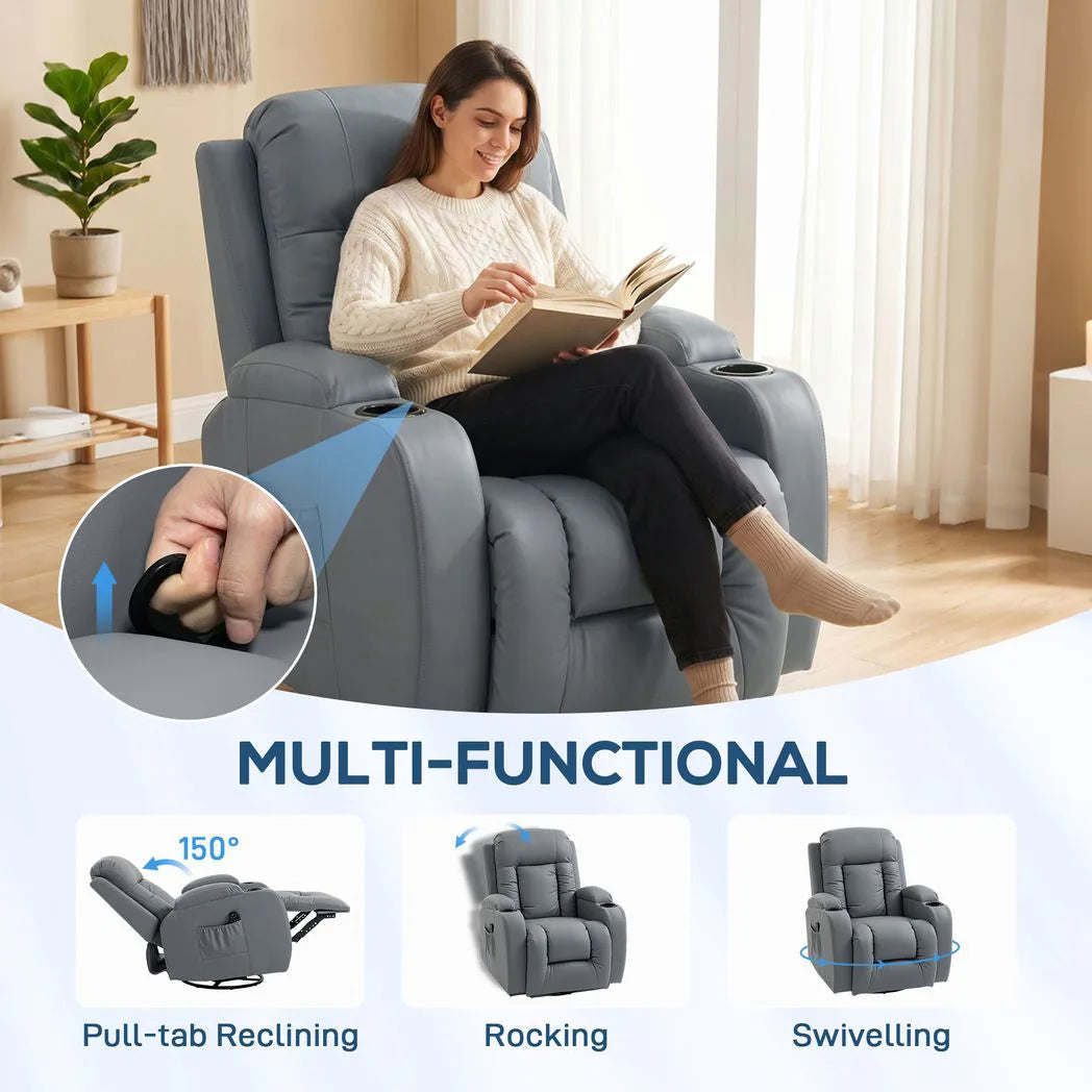 HOMCOM Massage Recliner Armchair with 8-Point Vibration, Lumbar Heat & Swivel Rocking Seat – PU Leather Recliner Chair, Grey