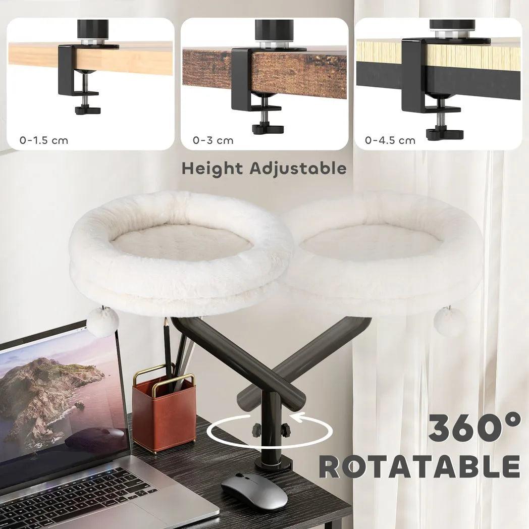 PawHut Cat Desk Bed with 360° Rotation – Adjustable Cat Hammock for Window, Table and Desk, Cream White