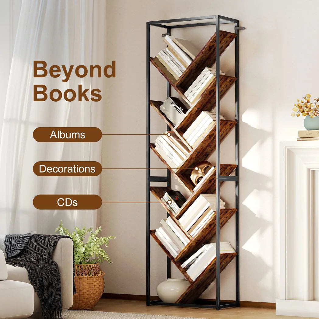 HOMCOM 10-Shelf Industrial-Style Tree Bookshelf with Metal Frame and Anti-Tipping Straps – Black/Brown