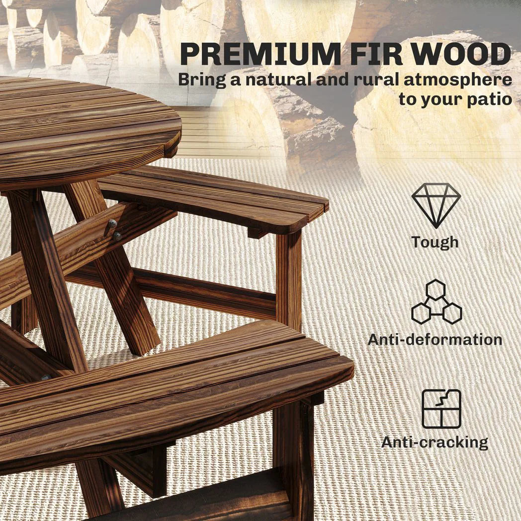Outsunny 6 Seater Wooden Round Picnic Table with Matching Benches & Parasol Hole, Carbonised Finish