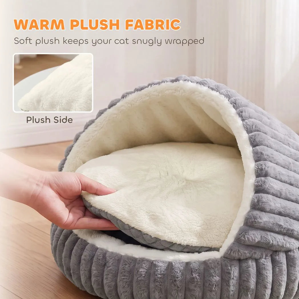 PawHut Cat Bed Cave with Non-Slip Base & Washable Cushion – Warm Plush Semi-Enclosed House for Indoor Kittens