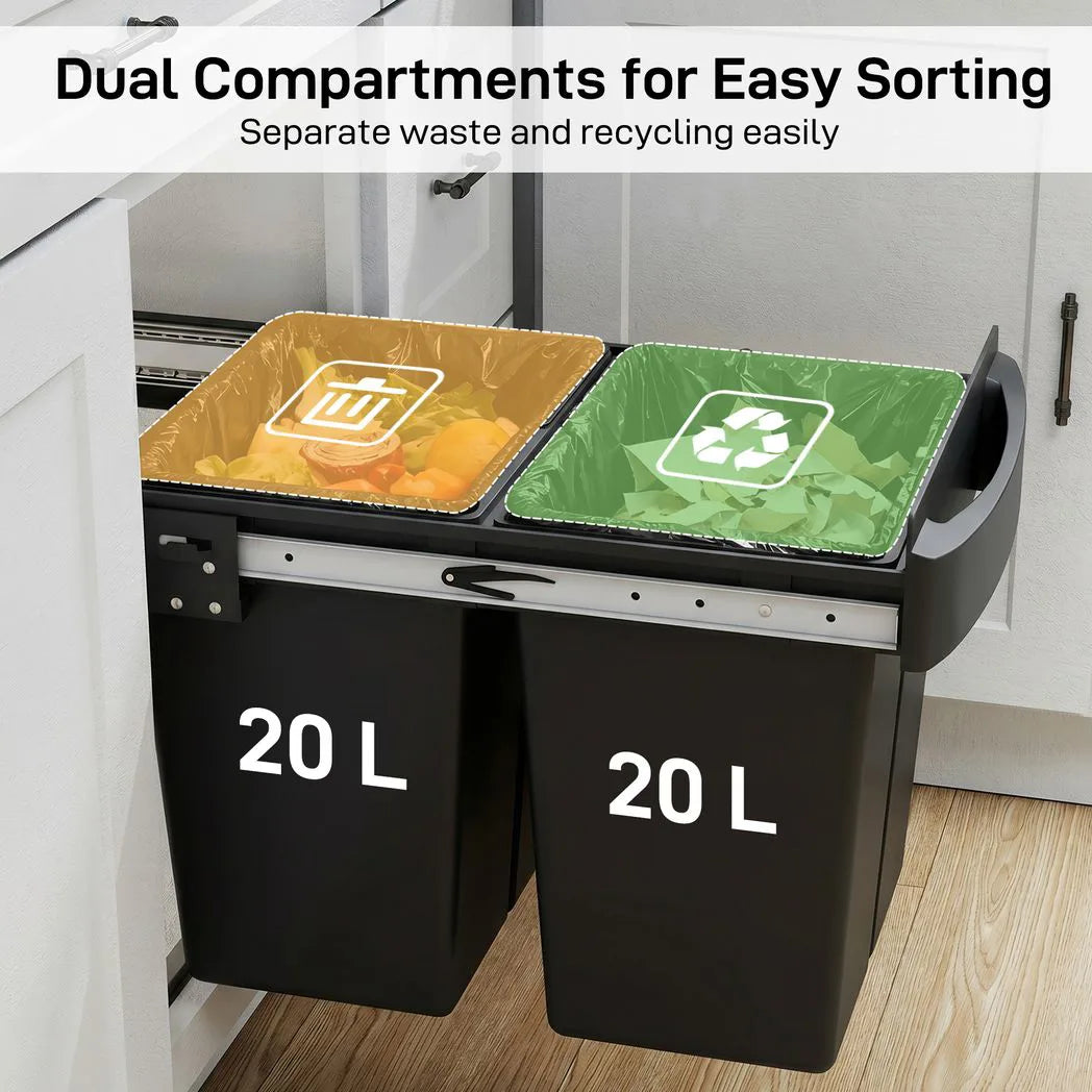 HOMCOM Pull Out Bin with 2 x 20L Removable Compartments – Under Sink Kitchen Waste and Recycling Bin, Black