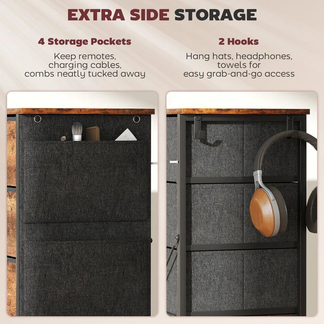 HOMCOM Chest of 5 Fabric Drawers with Steel Frame, Pockets & Hooks – Bedroom Storage, Rustic Brown