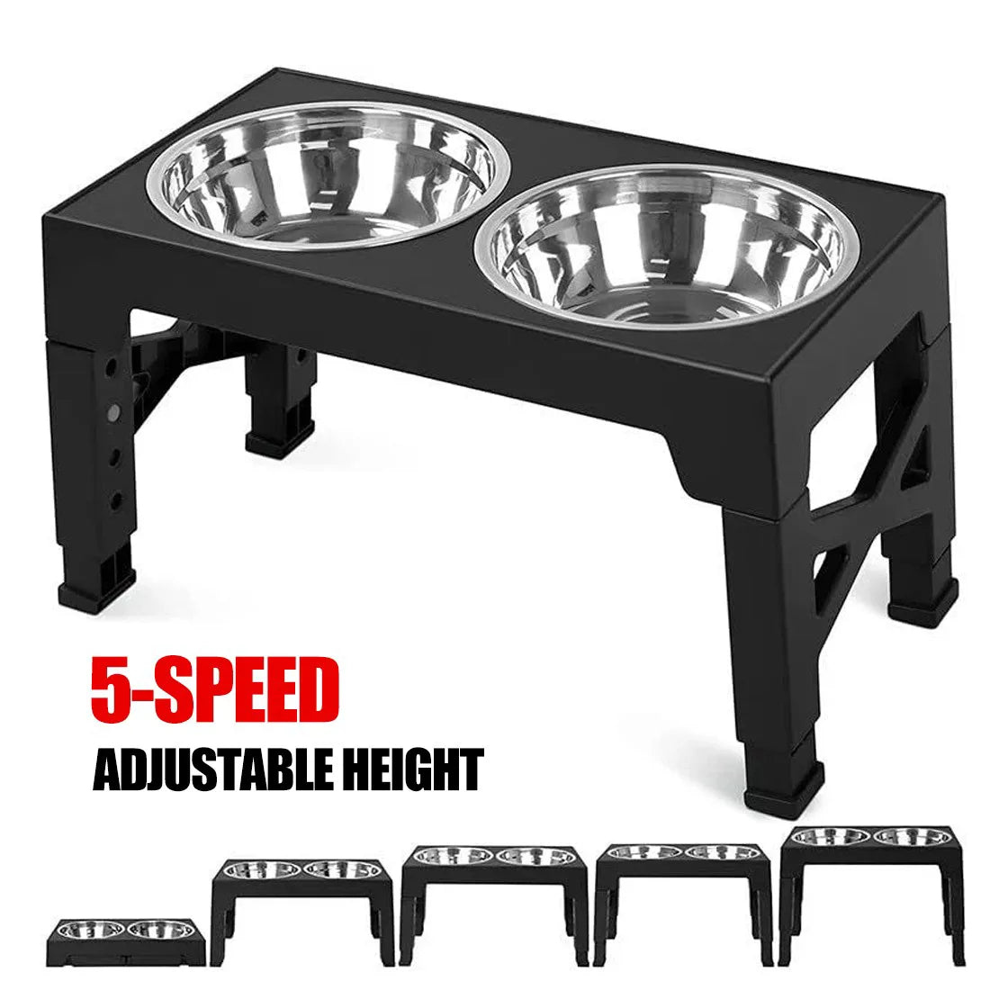 Large Dog Raised Double Bowl Feeding Station with Stainless Steel Bowls – 5 Height Settings, Foldable Legs, Black