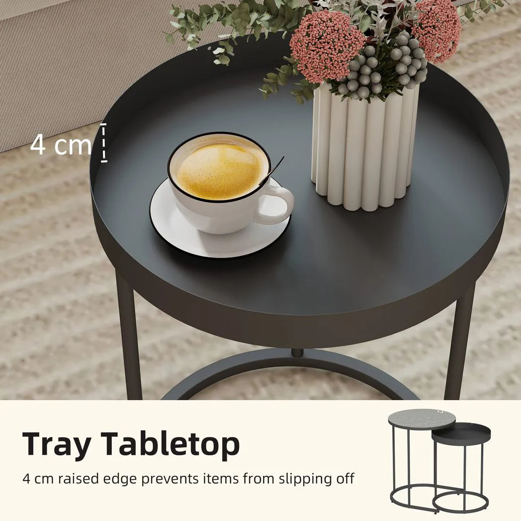 HOMCOM Set of Two Industrial Round Nesting Tables with Metal Frames – Coffee and Side Tables, Grey