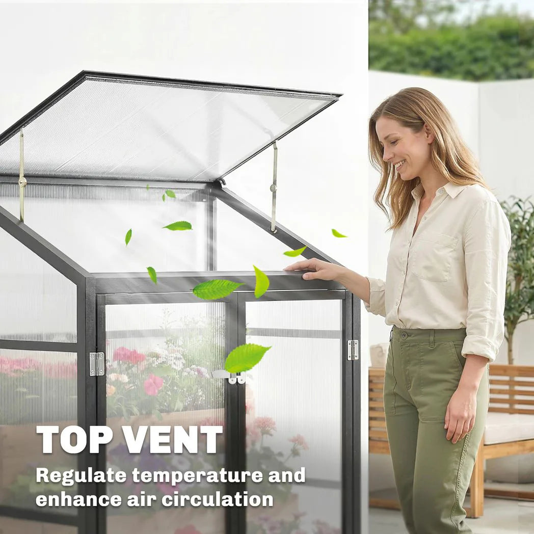 Outsunny Lean-to Polycarbonate Greenhouse 4 x 2ft with 2 Hinged Doors & Top Vent, Aluminium Frame, Black