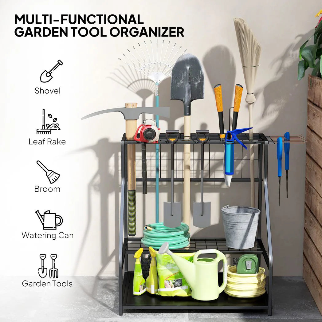 Outsunny 3-Tier Garden Tool Storage Rack with 11 Hooks – Holds 20 Long-Handled Tools, Brooms, Shovels & Rakes