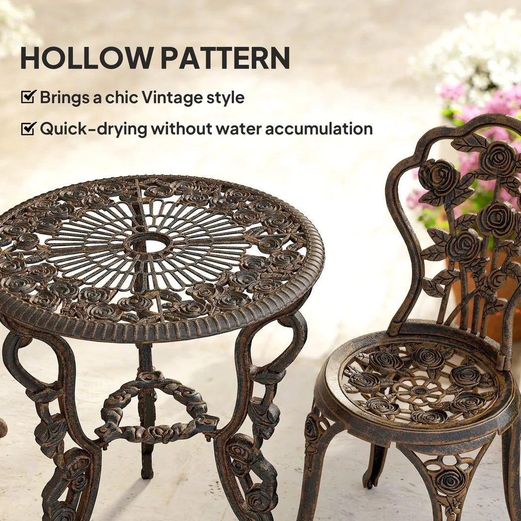 Outsunny 3 Piece Cast Aluminium Bistro Set with Parasol Hole – Antique Floral Table and 2 Chairs, Brown Tone