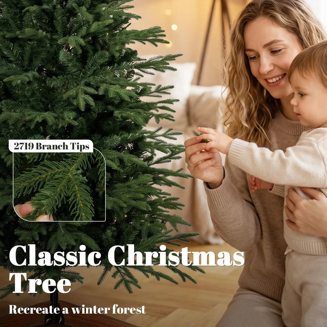 HOMCOM 7ft Hinged Artificial Christmas Tree with 2719 PE and PVC Tips and Solid Pine Wood Stand, Green