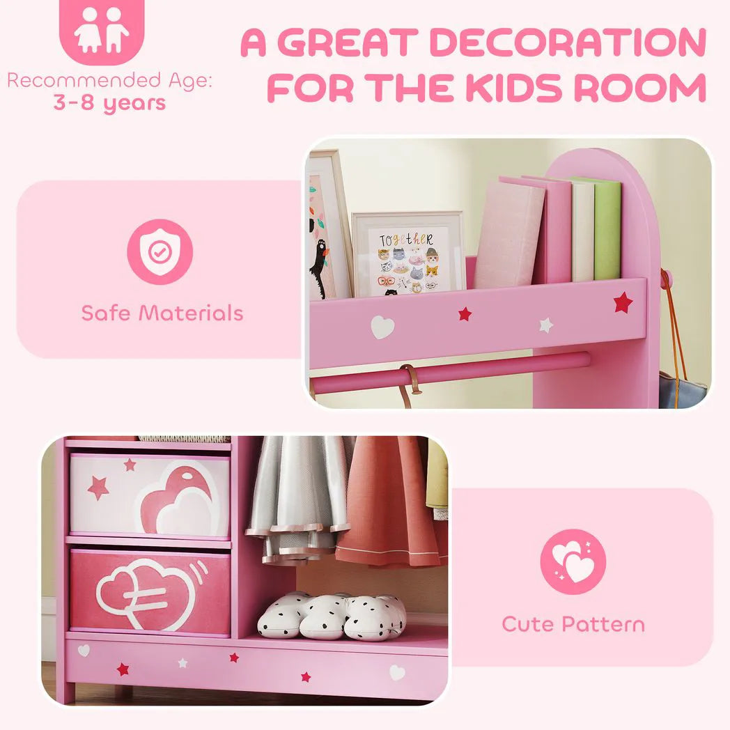 AIYAPLAY Kids Clothes Rail Wardrobe with Mirror, Shelves, Fabric Storage Boxes and Hooks – Bedroom and Nursery Storage, Pink