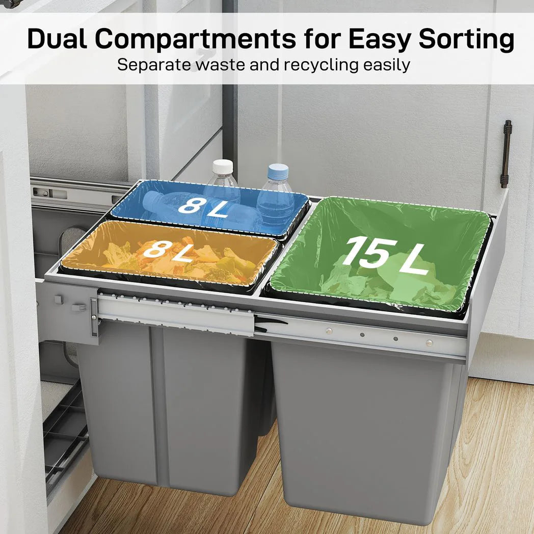 HOMCOM Under Sink Pull Out Bin with 3 Removable Compartments (15L + 2 x 8L) – Soft-Close, Light Grey