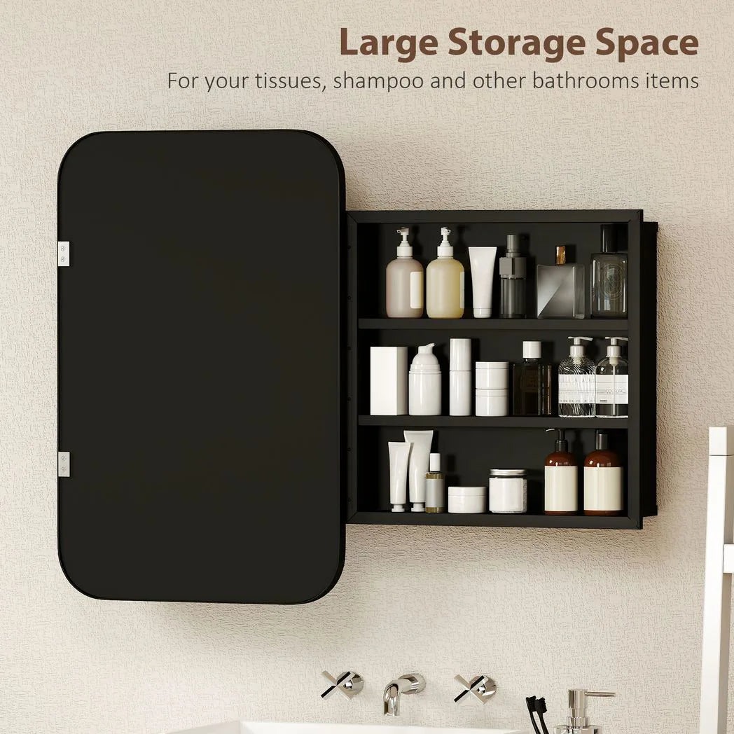 HOMCOM Bathroom Wall Cabinet with Tempered Mirror Door & 3 Shelves – Metal Mirror Cabinet for Bathroom or Hallway, Black