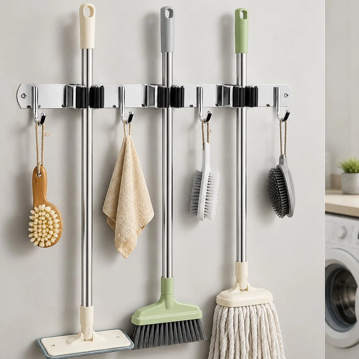 15 Inch Wall Mount Broom and Mop Holder, 3 Racks and 4 Hooks – Stainless Steel Garage Organiser